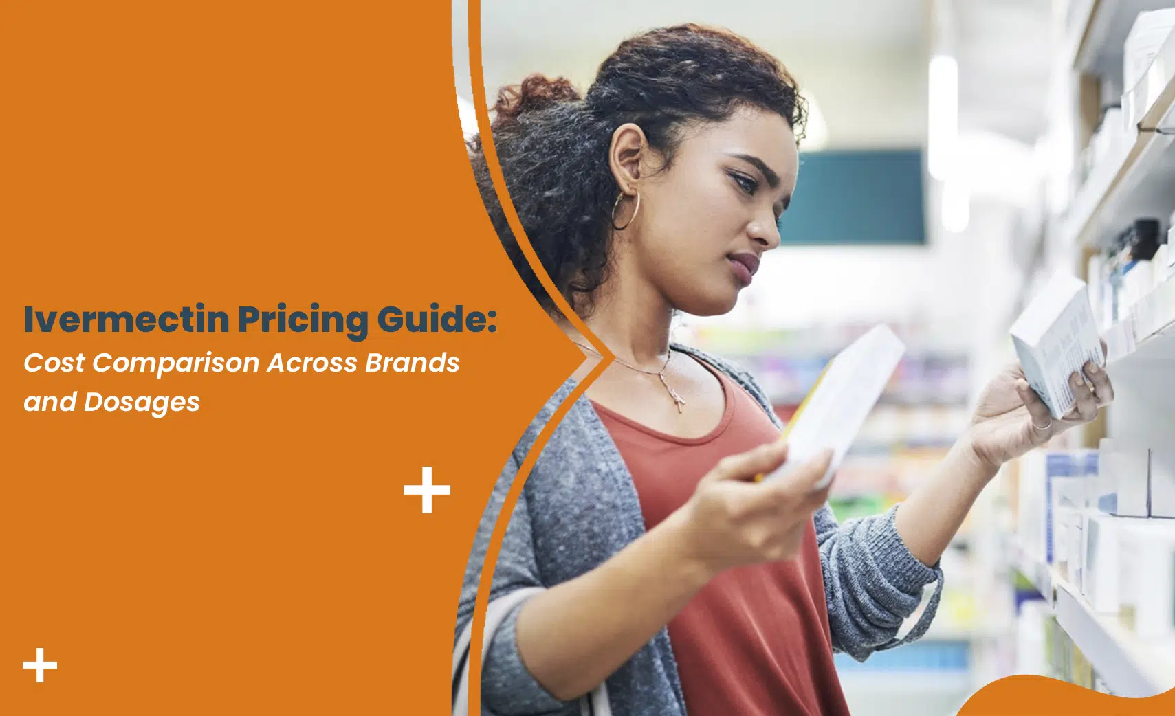 Woman comparing ivermectin prices across different brands in pharmacy