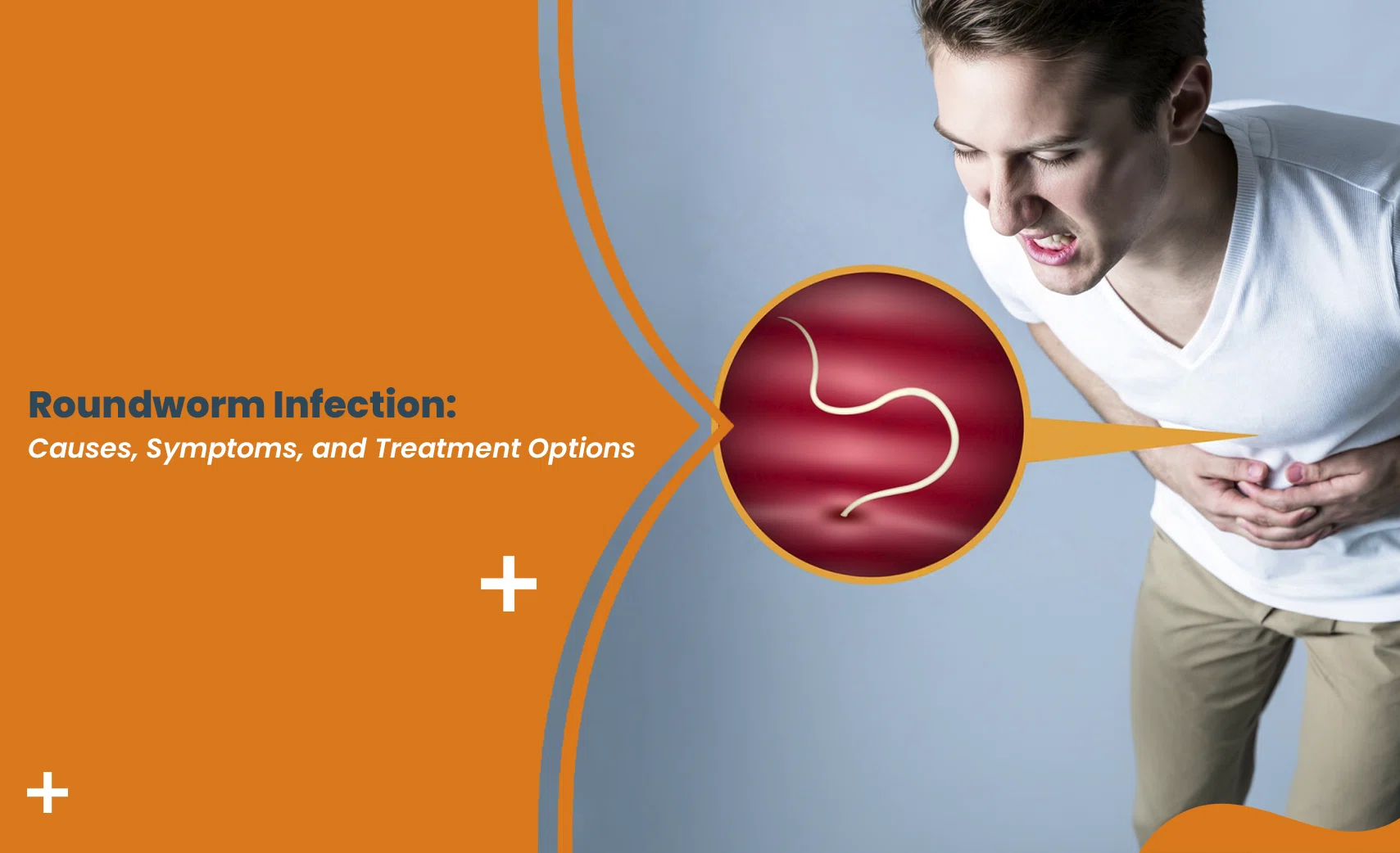 Man holding stomach with roundworm infection illustration