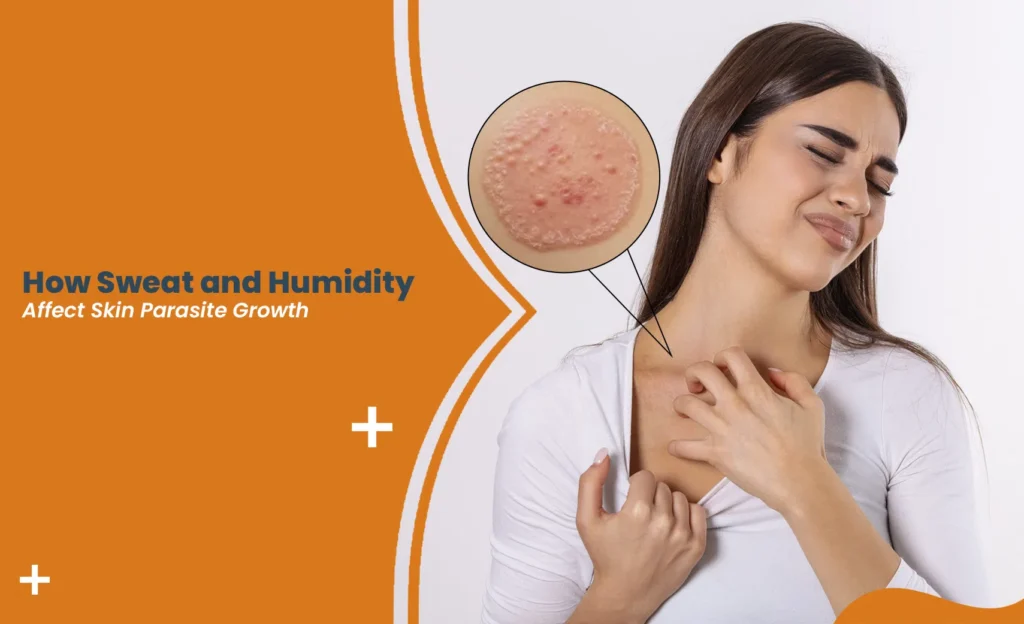 Skin Parasites in Humid Weather causing itchy neck rash as a woman scratches irritated skin from sweat and humidity.
