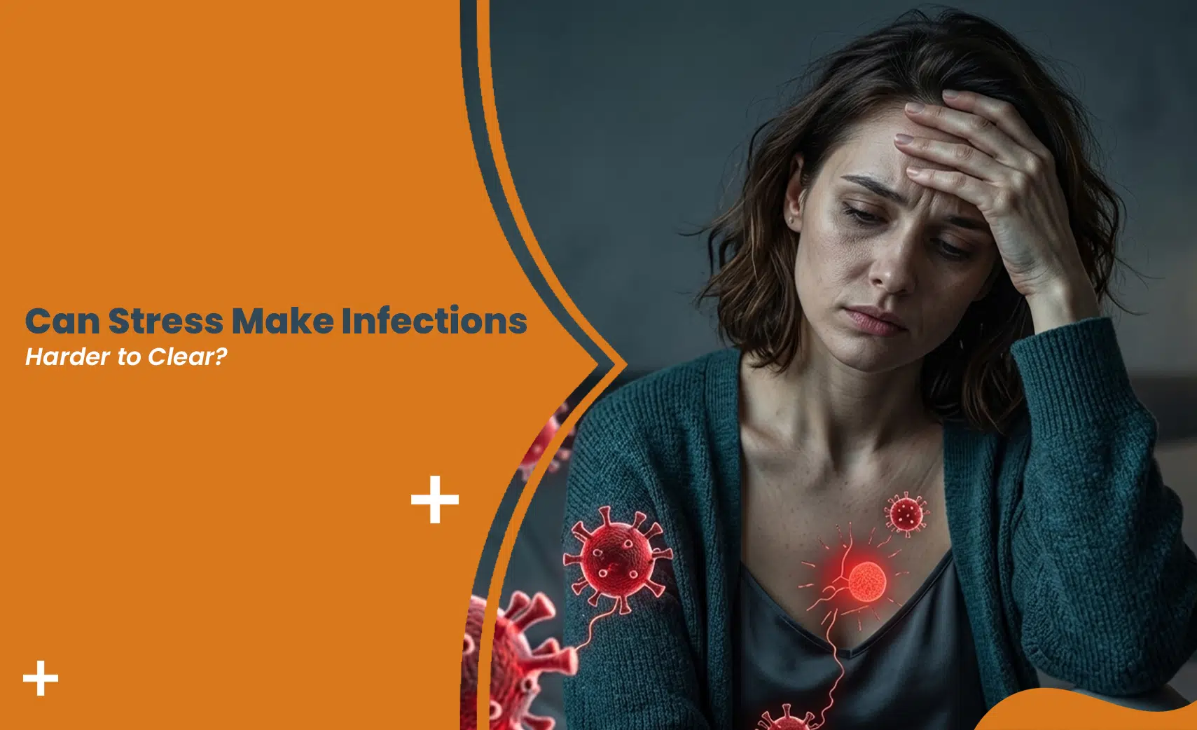 Stressed woman holding head showing stress impact on infection recovery and slower healing