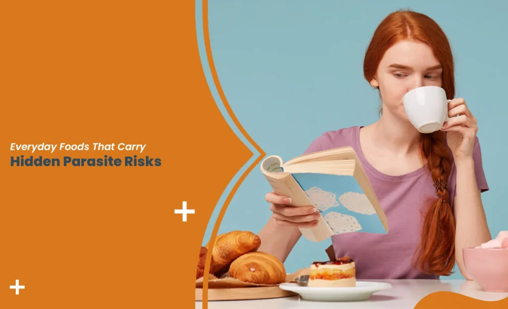 Woman drinking coffee and reading with pastries, highlighting hidden parasite foods in everyday meals