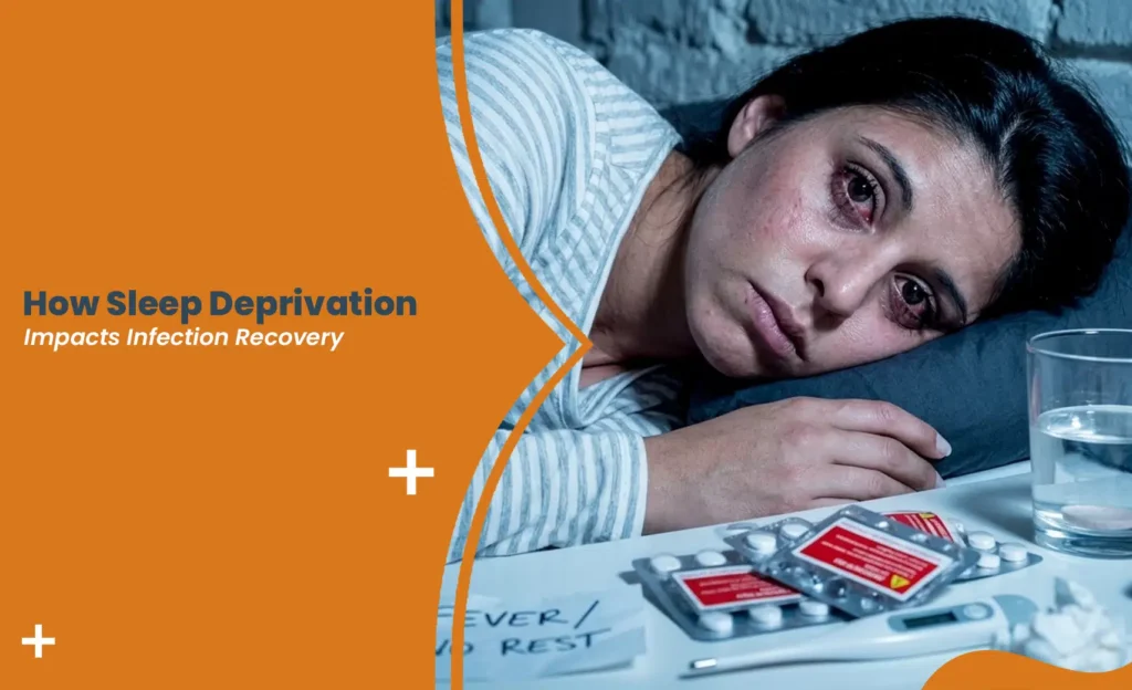 Sleep deprivation affecting infection recovery, tired sick woman lying in bed with medicine and water