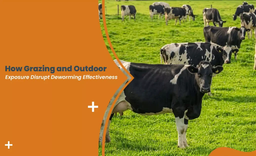 Cattle grazing in pasture showing how outdoor exposure impacts deworming effectiveness in livestock