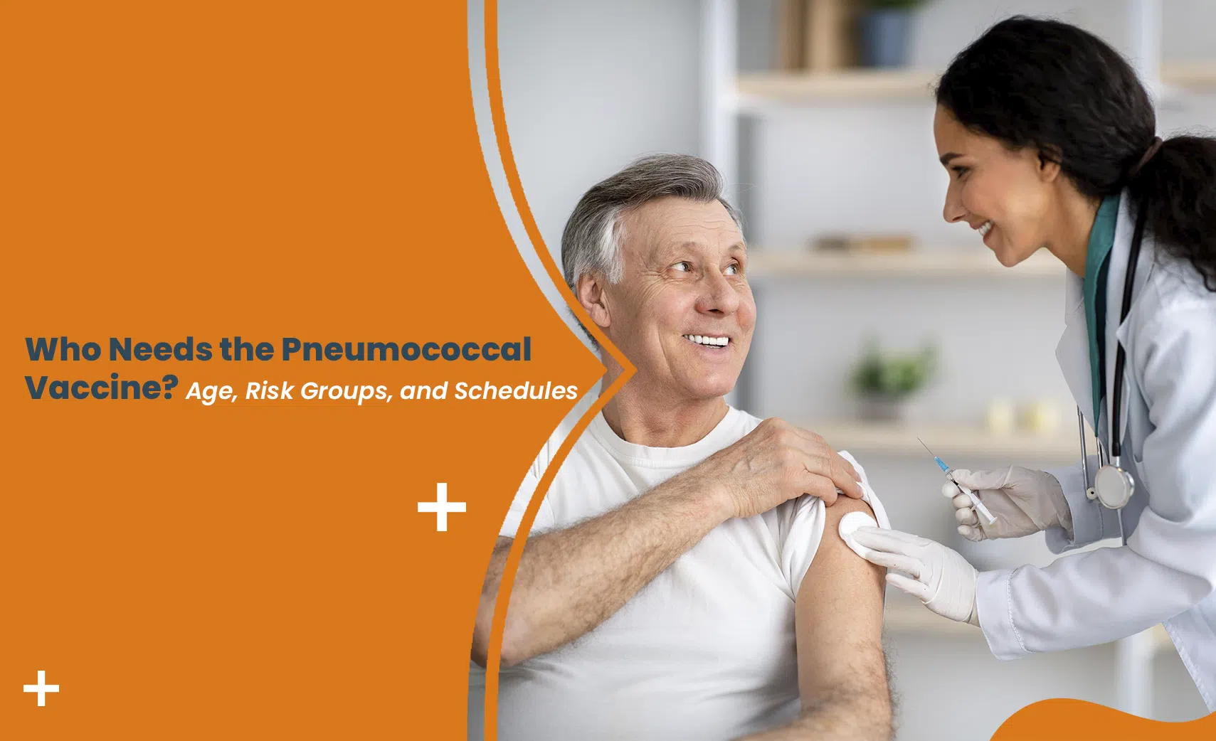 Doctor administering a dose as part of the pneumococcal vaccine schedule for an older adult patient