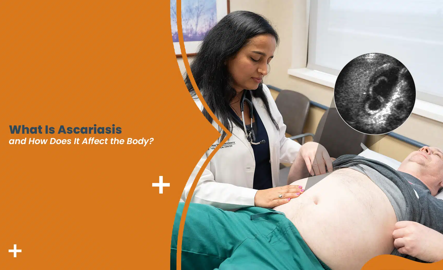 Ascariasis examination showing a doctor checking a patient's abdomen for signs of roundworm infection.